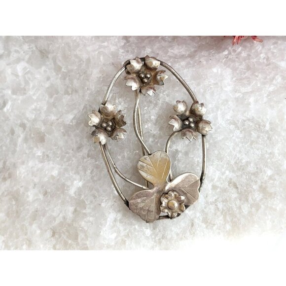40's Vintage Art Nouveau Floral & Beaded Openwork Sterling Silver Foliage Brooch - Picture 3 of 10
